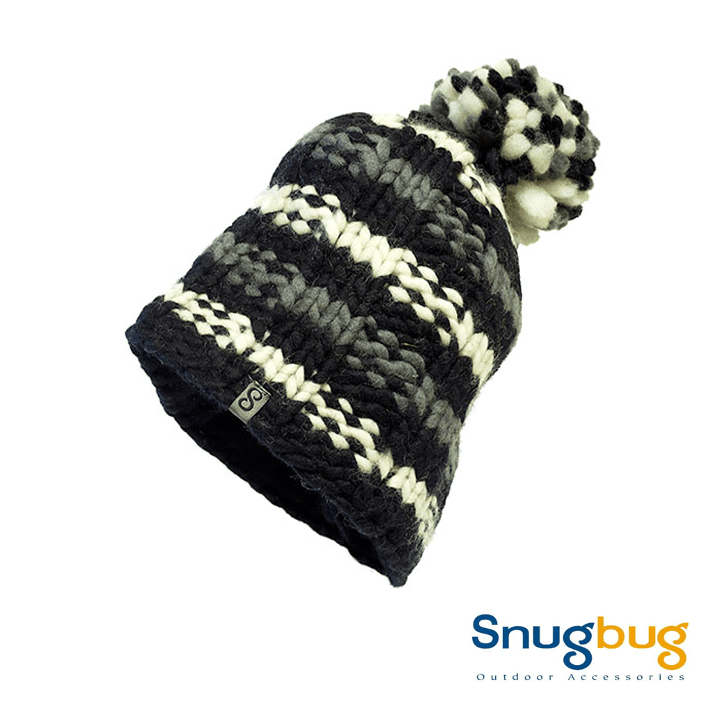 SnugBug Thick Rib Bobble Hat Beanie - Black/White/Grey